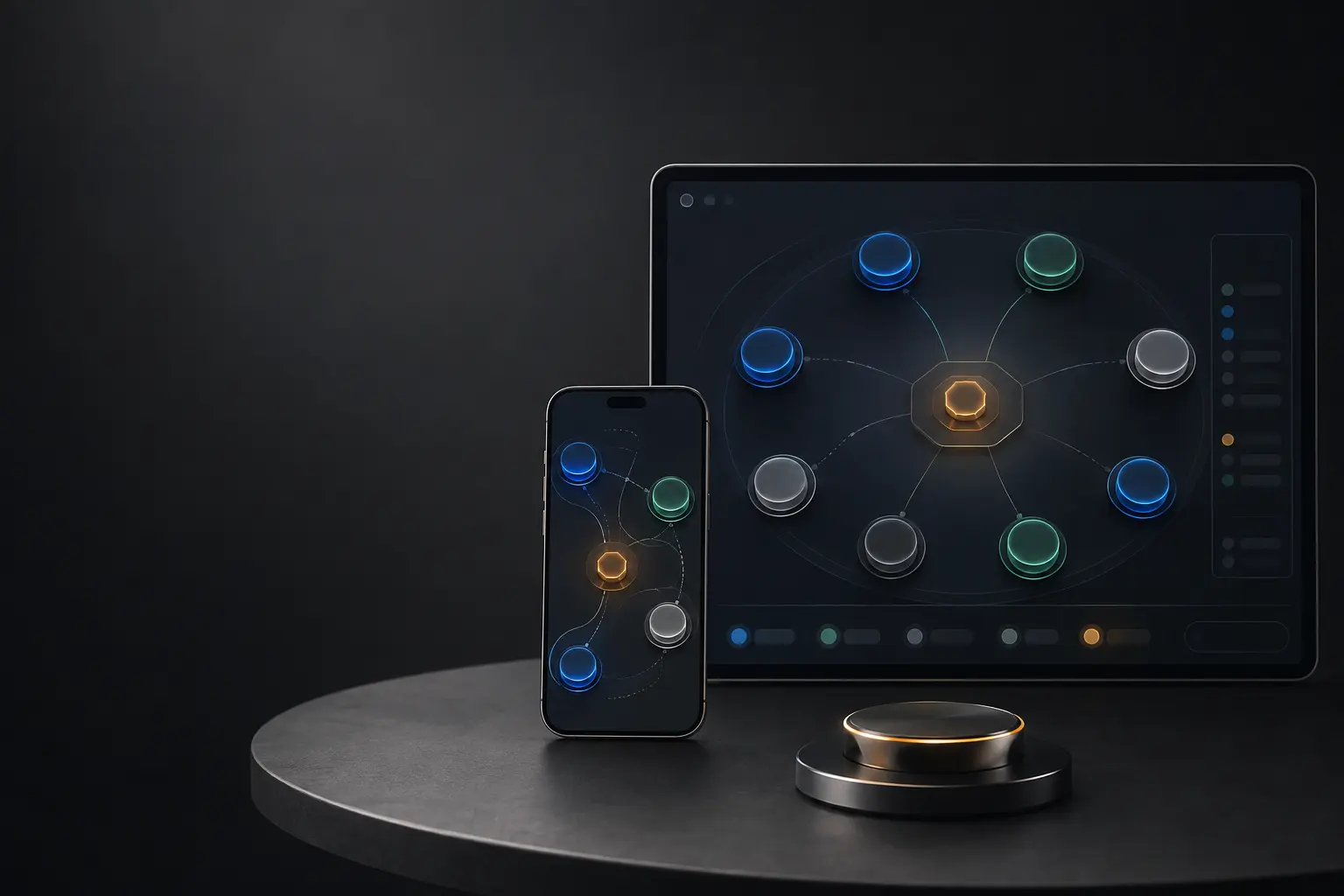 A phone and larger display showing distinct governed AI seats around a human authority control