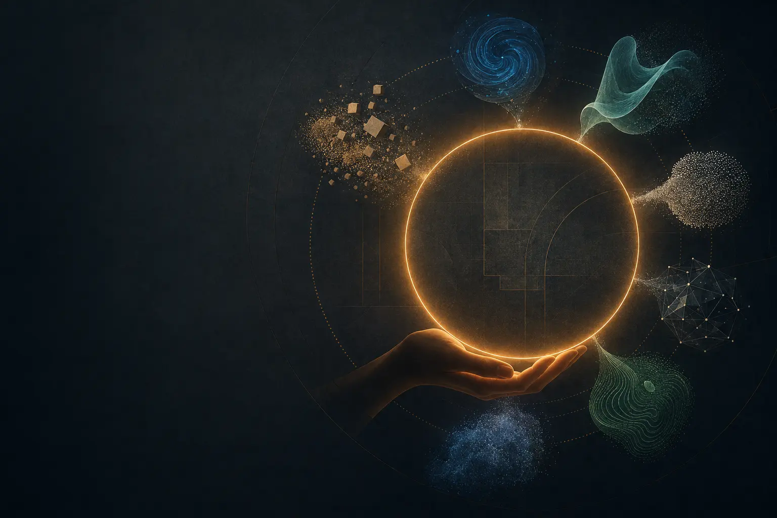 A human hand supporting a warm boundary while distinct intelligence forms remain outside it