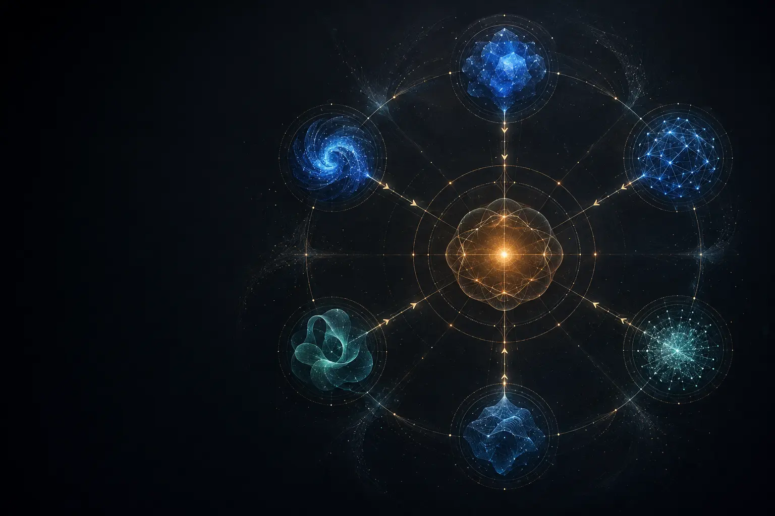 Six distinct intelligence fields connected to a warm central point of human authority