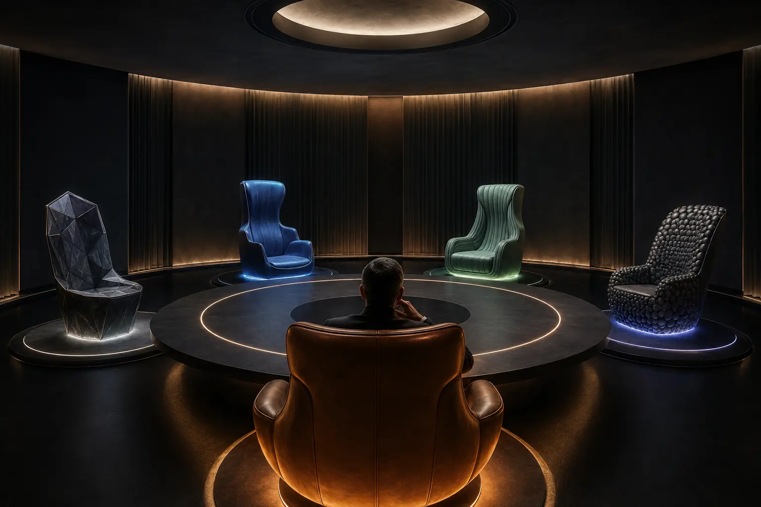 Four distinct AI seats around a circular table facing one warm human authority chair