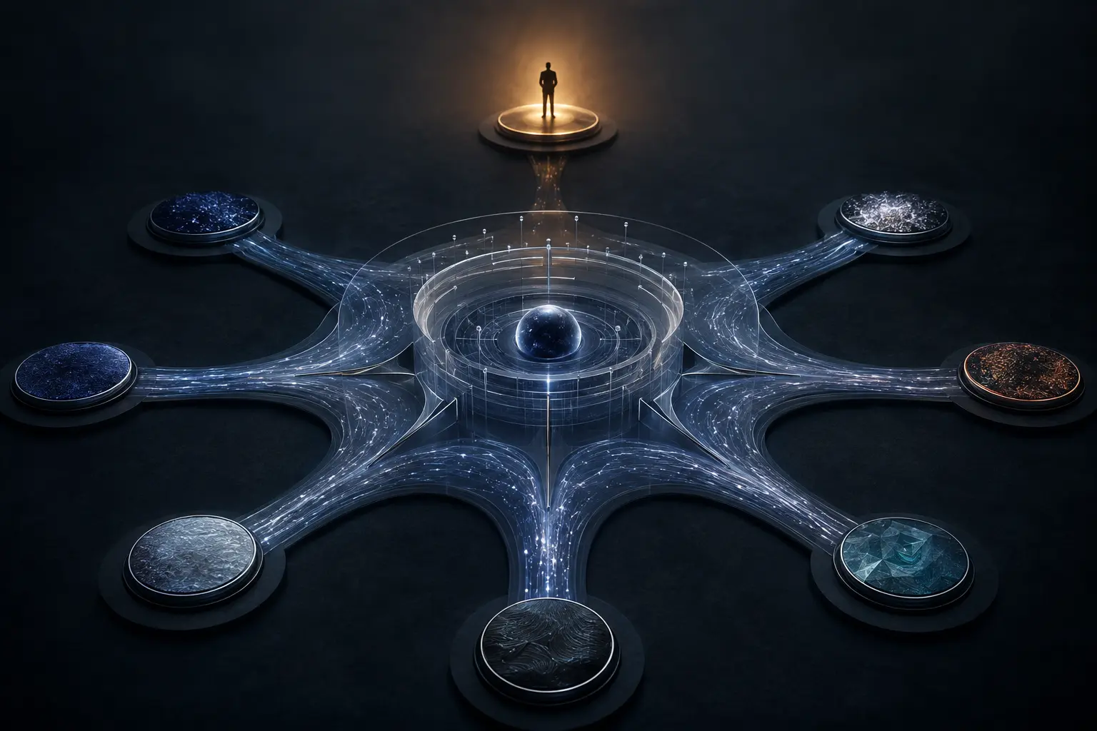 Six visibly distinct intelligence paths entering a governed coordination field while a warm human authority point remains separate