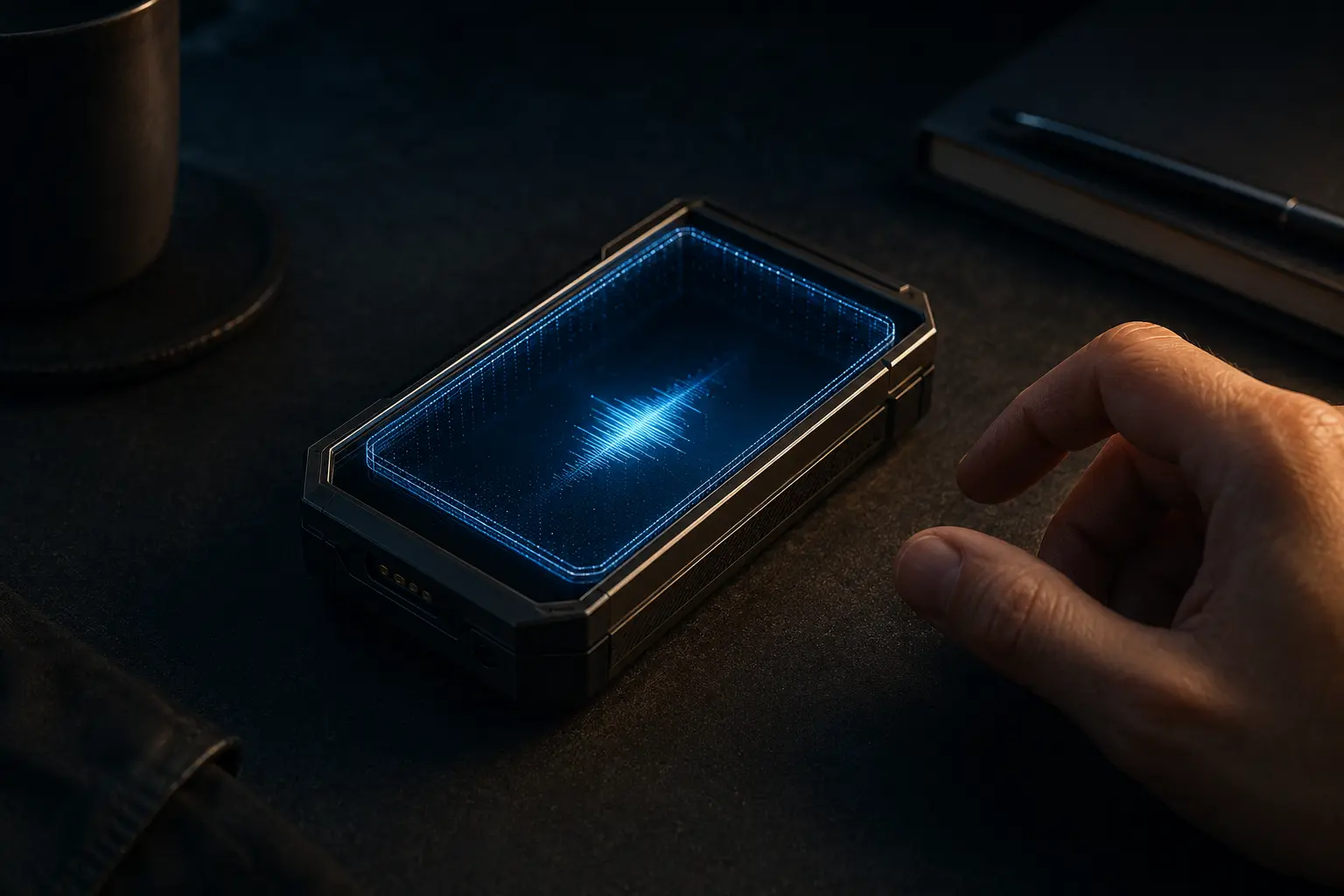 A rugged phone-sized device containing a calm field of local intelligence beside a human hand