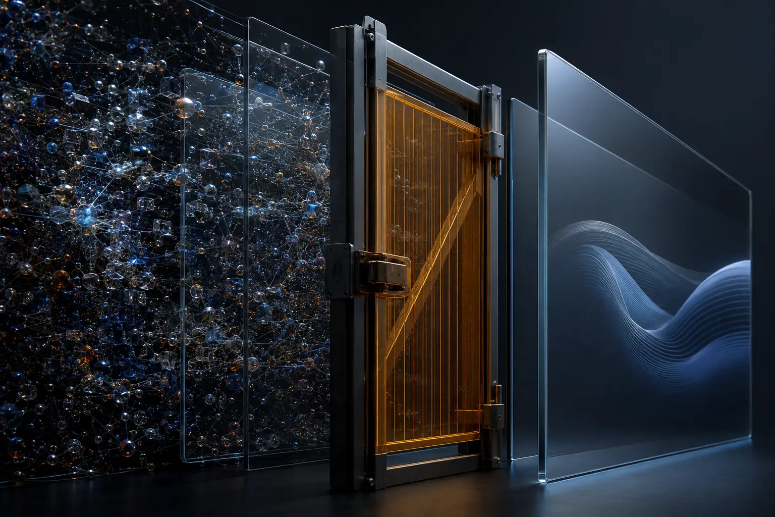 A complex evidence field separated from a calm presentation surface by a visibly closed amber safety gate