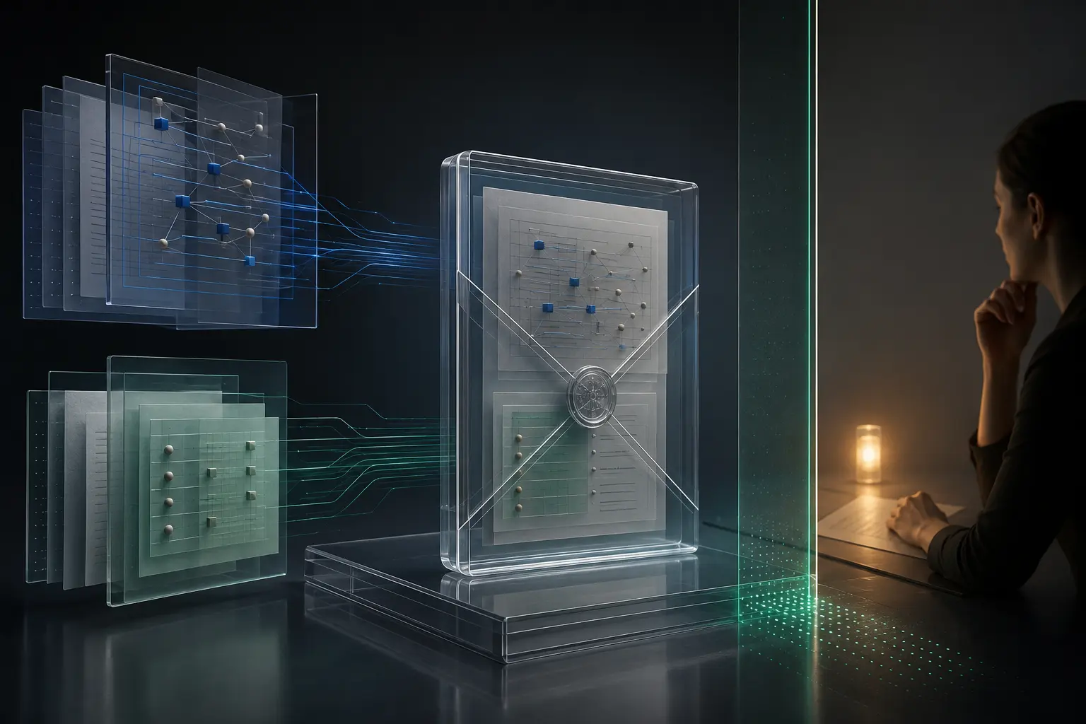 Layered evidence entering a transparent sealed contract that stops at a human review boundary
