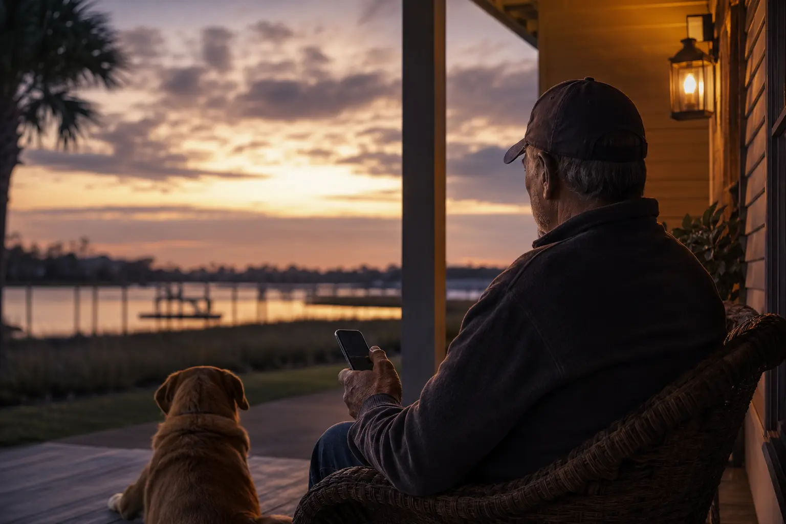An older veteran seated on a quiet porch at dawn with a dog and a phone held naturally in one hand
