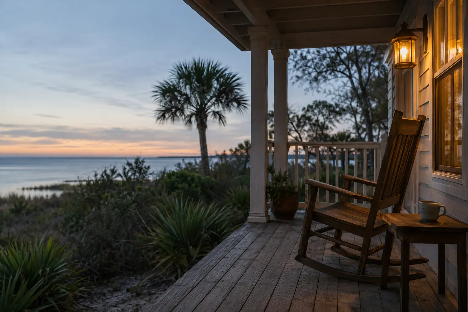 A quiet Florida porch at dawn with a rocking chair, coffee cup, and porch light