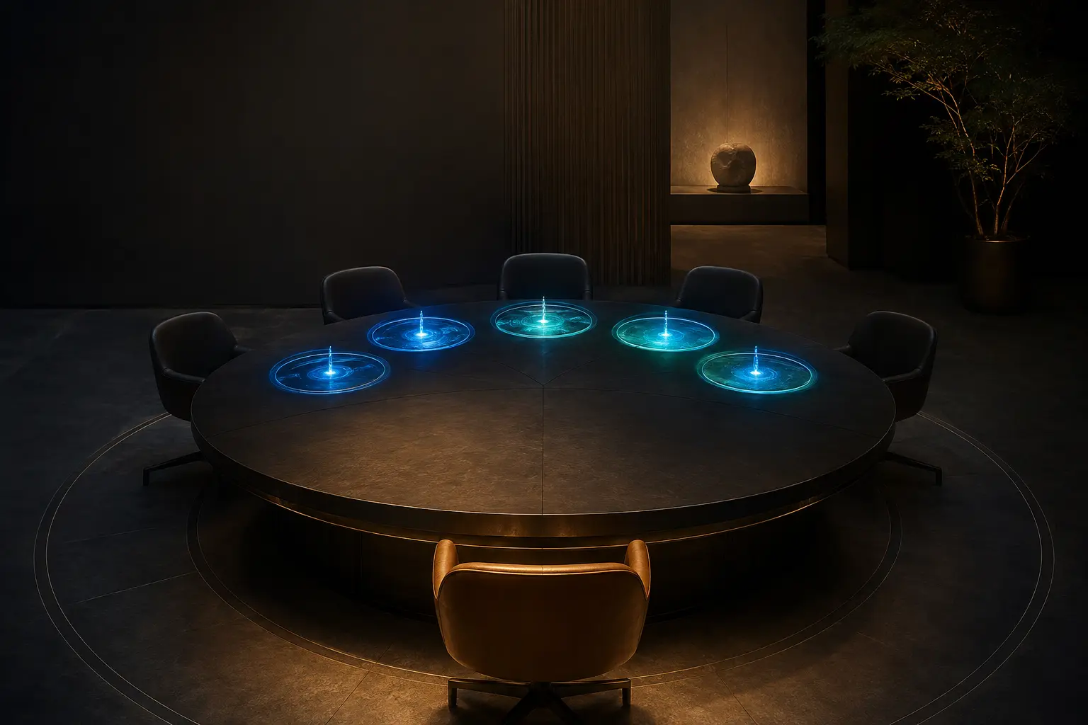 A circular studio table with distinct illuminated seats and one warm human authority position