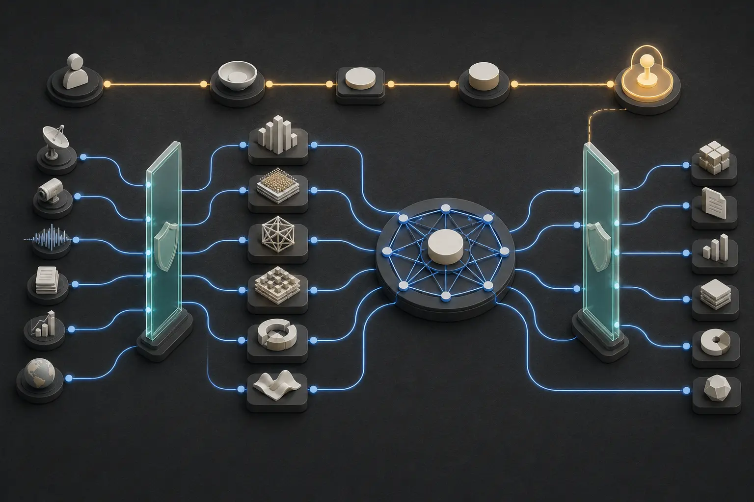 A layered governed intelligence architecture with distinct routes, verification boundaries, and human authority